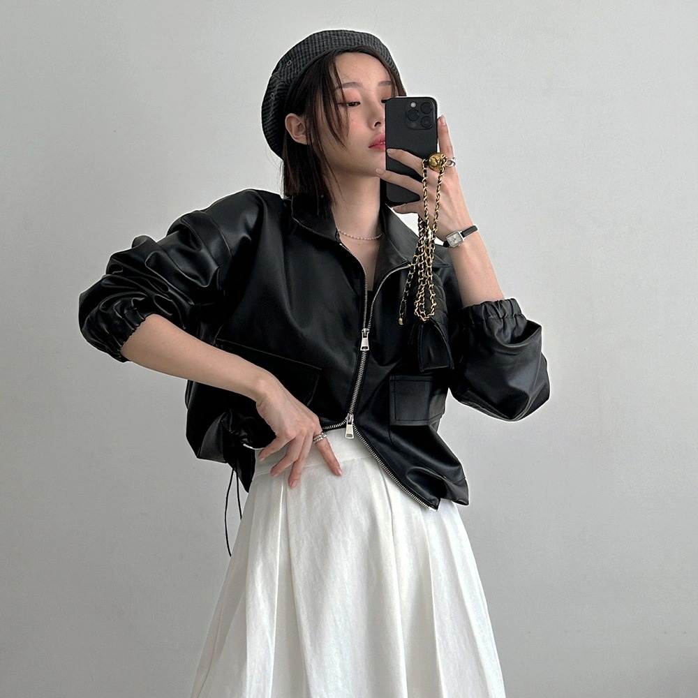 裾ドロストフェイクレザーブルゾン