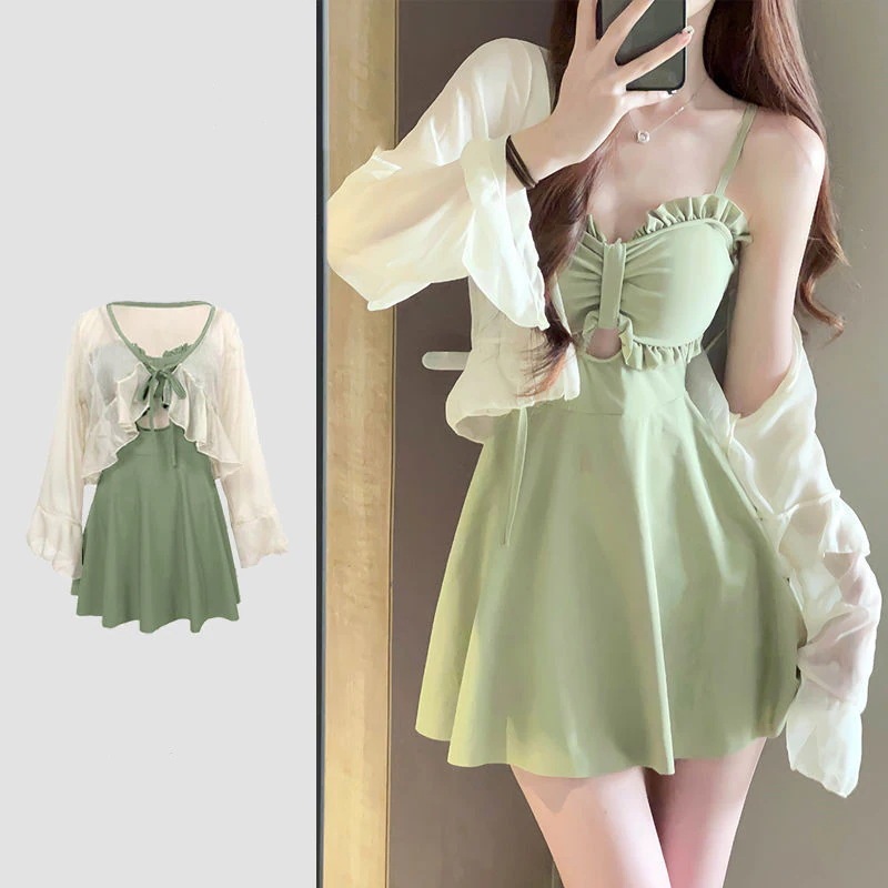 レディース サマー 着痩せ アボカド グリーン 水着 セクシー 感 温泉です 水着 カーディガン 2点セット 4,836円