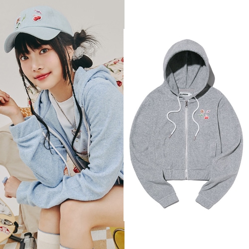 [ルセラフィムホンウンチェ着用] CHERRY CROP TERRY HOODIE ZIP UP [MELANGE GRAY] 男女兼用 韓国の人気商品 韓国ストリートファッション SNSで人気