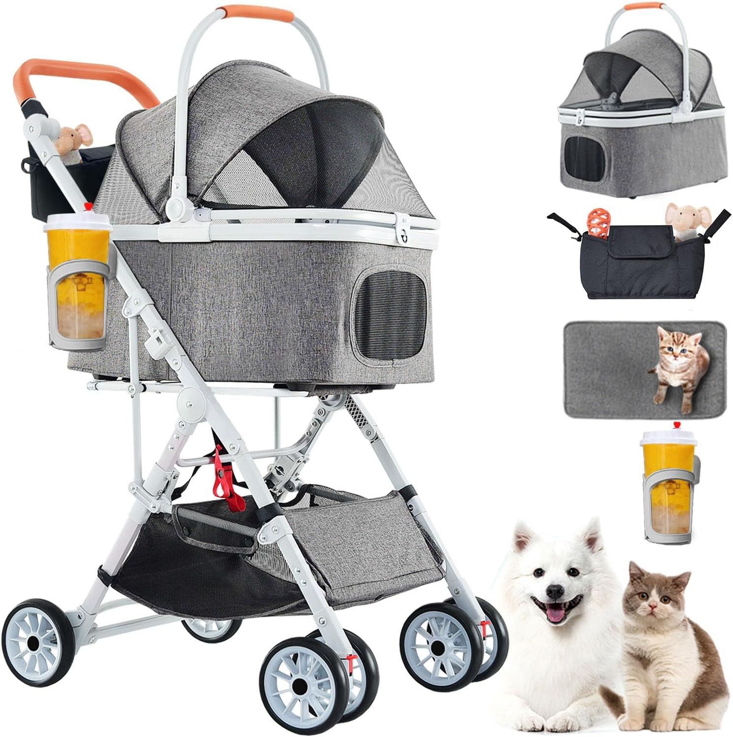 ペットカート 分離型 折りたたみ ペットバギー アルミ軽量 3WAYモデル 多機能 犬用カート 猫 カート ドリンクホルダー付き/買い物かご/交換用クッション付き 耐荷重25KG 4輪 前輪360回