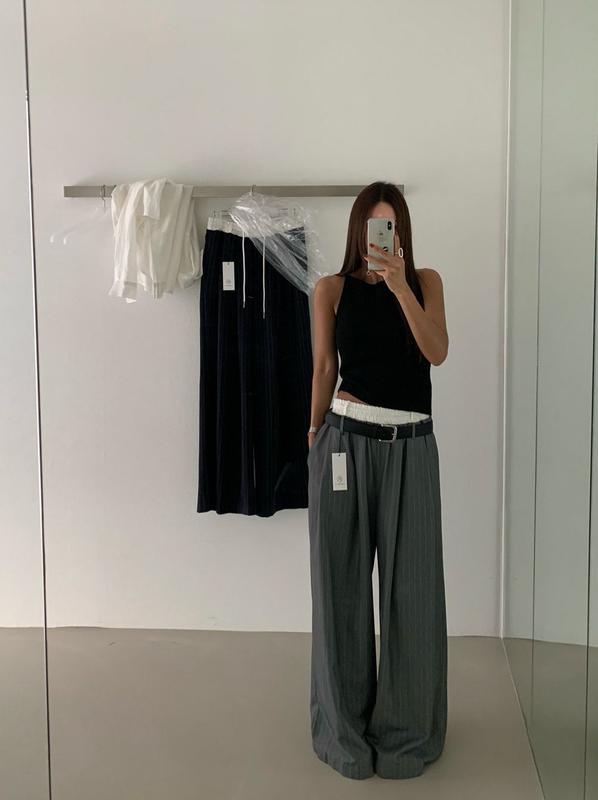 ストライプピンタックレッグパンツ（正装バンディングパンツロープワイドロング