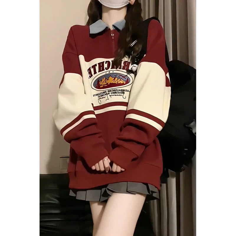 カレッジスタイルカラーブロックカラーハーフジップセーターレディースルーズレイジー韓国春秋ジャケット30%制限