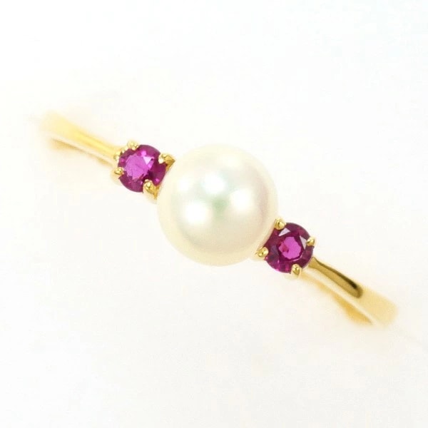 K18 18金 YG リング 指輪 9号 パール(真珠) 約5mm ルビー ジュエリー 中古