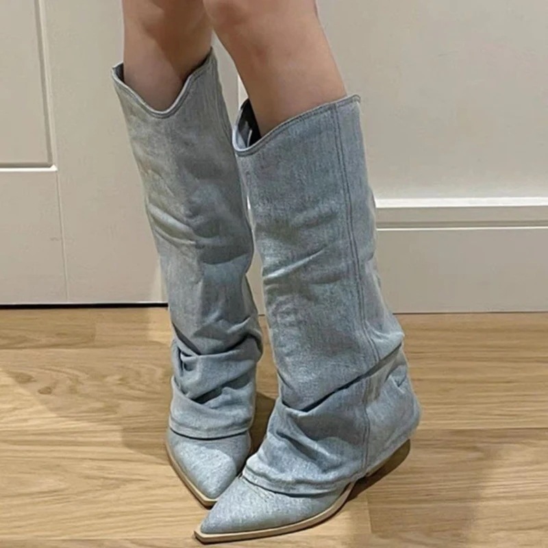 女性用ハイデニムブーツ 厚手のカウボーイブーツ 女性用滑り止めシューズ ブループリーツ 春 2022
