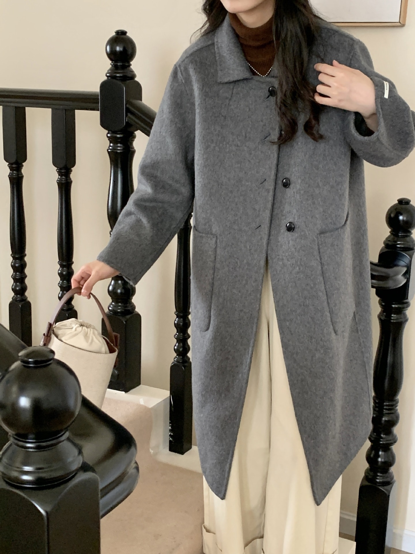 秋冬の新作開襟小柄長身リバーシブルカシミヤコートフェミニンリバーシブルウールの厚手コート