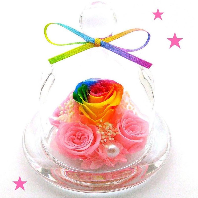 高級プリザーブドフラワーギフトハイブリットレインボーローズピンクローズ　ガラス　プチドーム　お祝い　誕生日結婚祝い　記念品　出産祝い　結婚記念日 　退職祝い　歓送迎会　送別祝い　内祝い　開店祝い