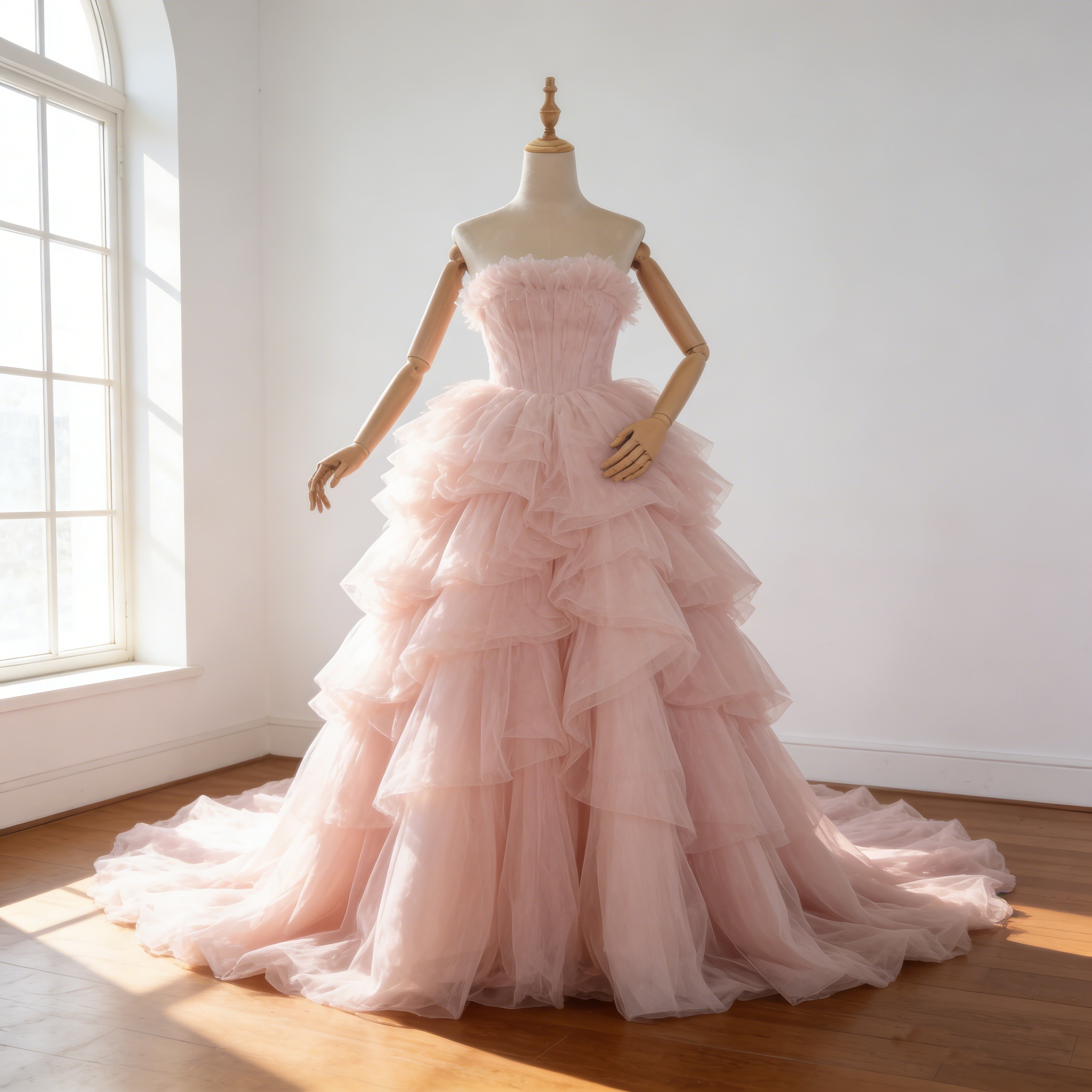 カラードレス ピンク ビスチェドレス ソフトチュール ボリュームドレス 華やかなトレーン 結婚式