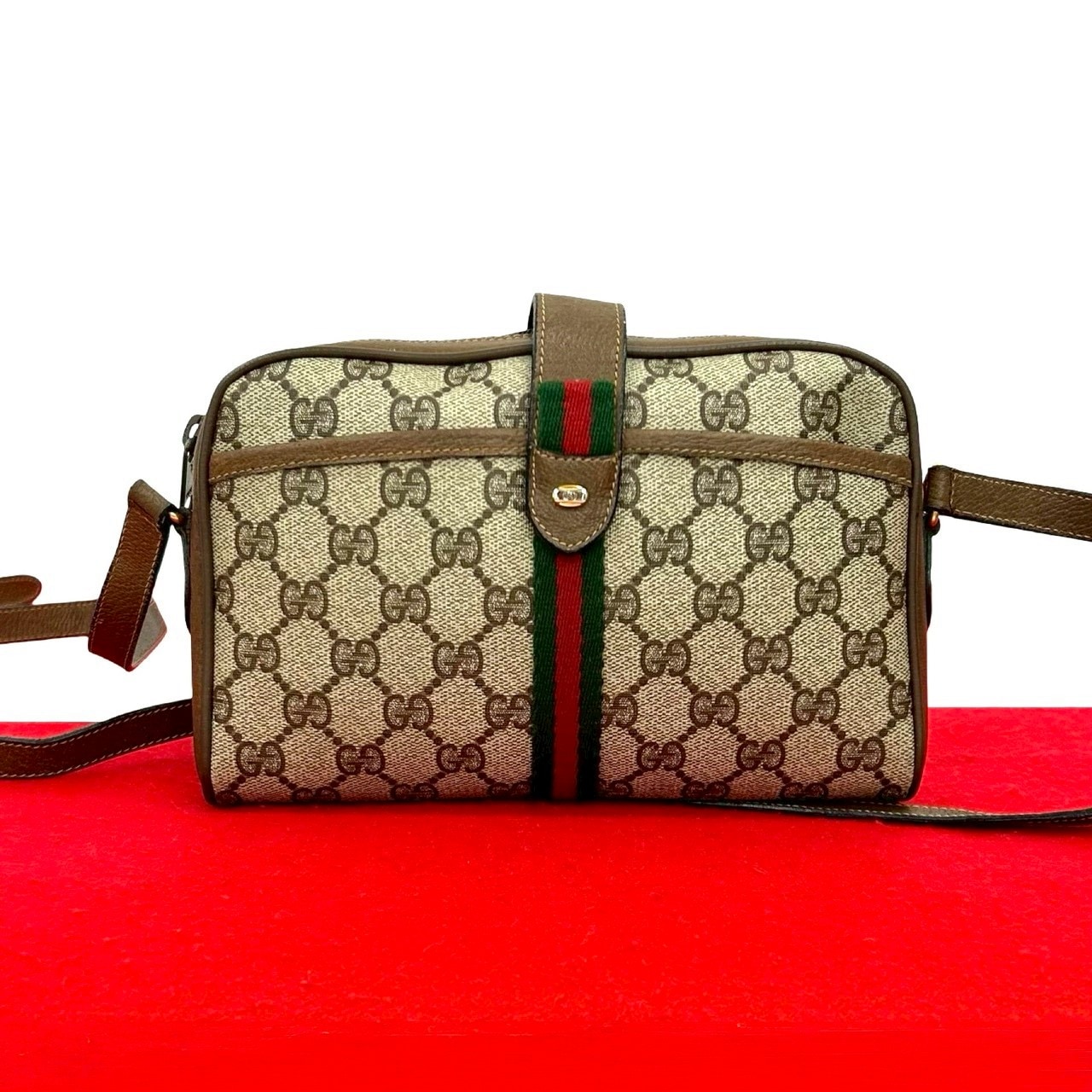 ヴィンテージ シェリーライン GG ロゴ 柄ショルダーバッグ レザー PVC ブラウン h27-9