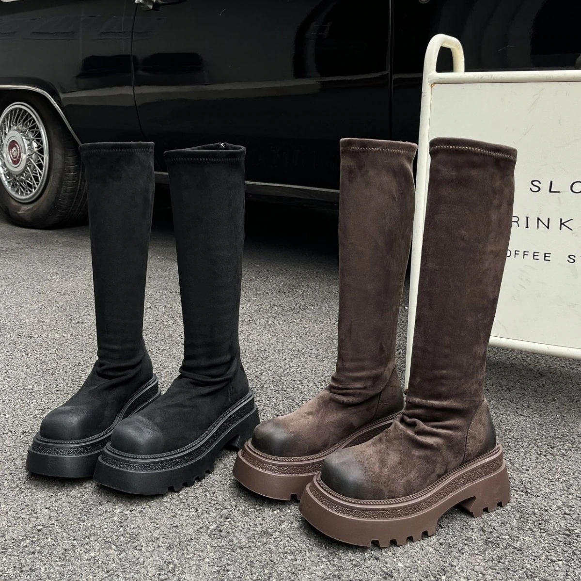ロングブーツが復活！ 厚底ブーツ女2023秋冬レトロダッフルブーツ女スリムブーツ