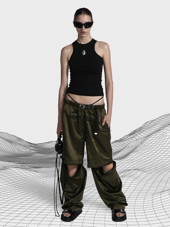 【BADBLOOD】 LEATHER LOGO NYLON 2WAY TRACK PANTS : KHAKI
