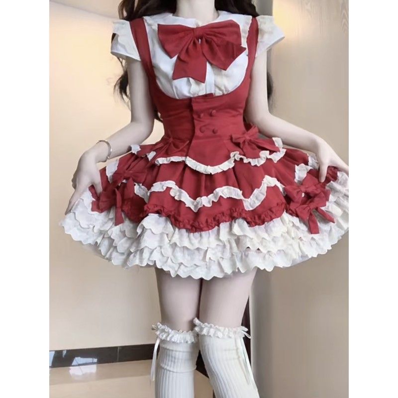 [急速出荷]ロリータかわいい少女リボンシャツストラップスカート2点セット(最安値保証) 5,612円