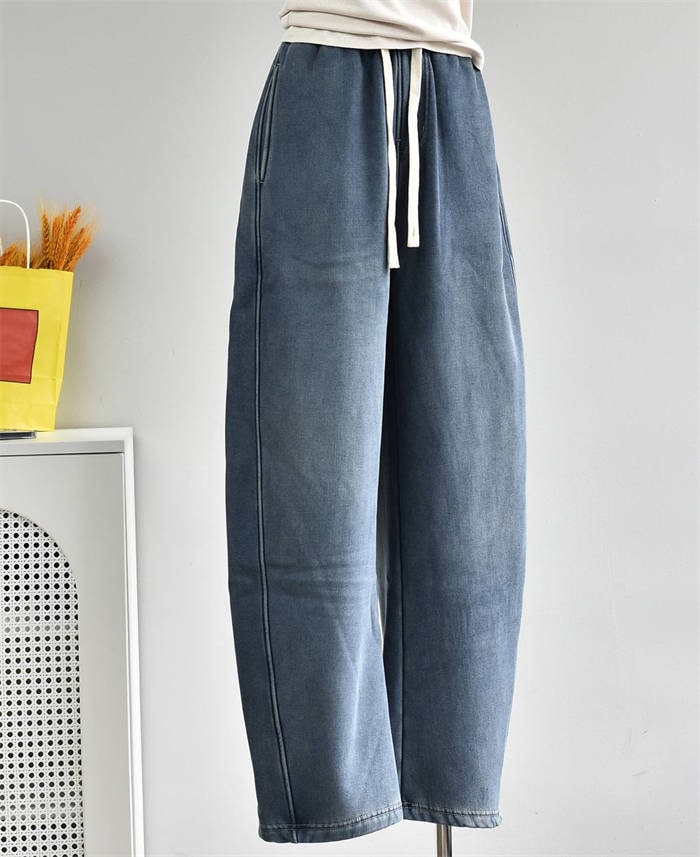裏ボア デニム パンツ レディース 新作 デニムパンツ 裏起毛 防寒 厚手 無地 ロング パンツ ロングパンツ ボトムス ポケット 紐 デザイン感 カジュアル 秋 冬 裏起毛 ハイウエスト レトロ 防