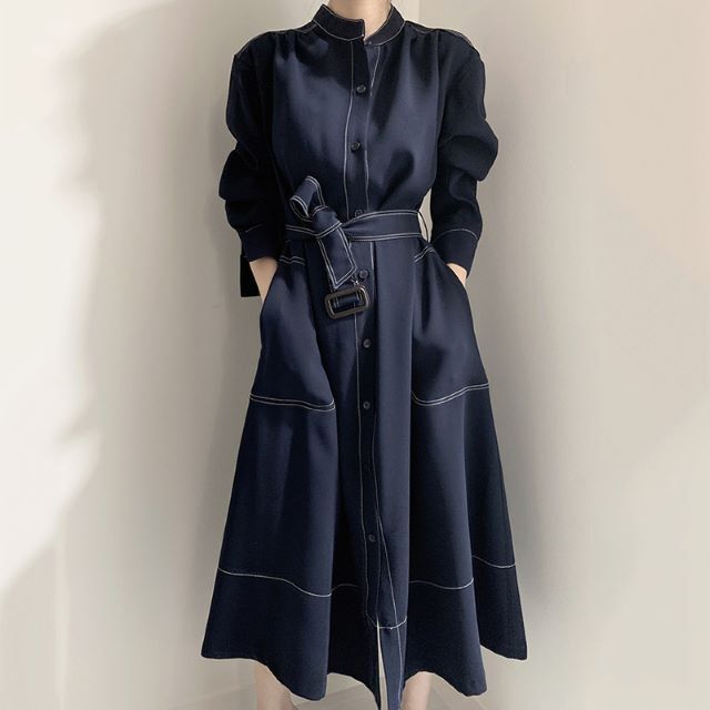 ロング シャツワンピース レディース ステッチ ハイウエスト 長袖 ネイビー ワインレッド ベルト付き 羽織 アウター マタニティ 春 秋 冬