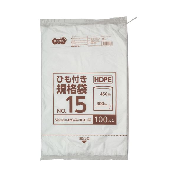 （まとめ）TANOSEE HDPE規格袋 紐あり15号 ヨコ300×タテ450×厚み0.01mm 1パック（100枚）(×20セット)