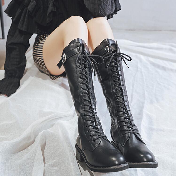 【本日限定】レディースブーツ　ロングブーツ　レースアップブーツ　編み上げブーツ　小さいサイズ　大きいサイズ　22.0～25.0cm PU　秋冬　春秋　ぺたんこ　ローヒール　4.5センチ