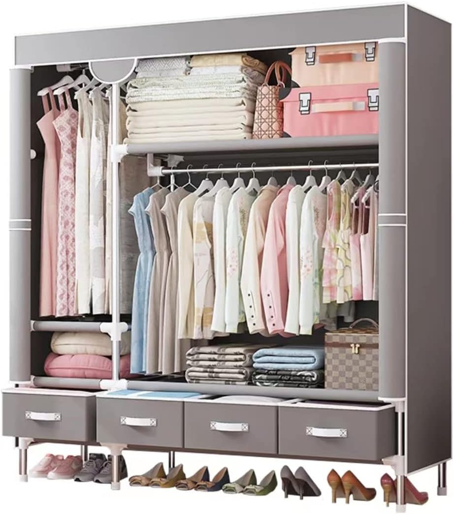 AOBOC ワードローブ クローゼット 大容量 洋服ダンス 簡単組み立て式 省スペース 収納棚 不織布カバー付き 防水 防塵 防汚 頑丈 幅130cm×奥行45cm×高170cm (グレー)