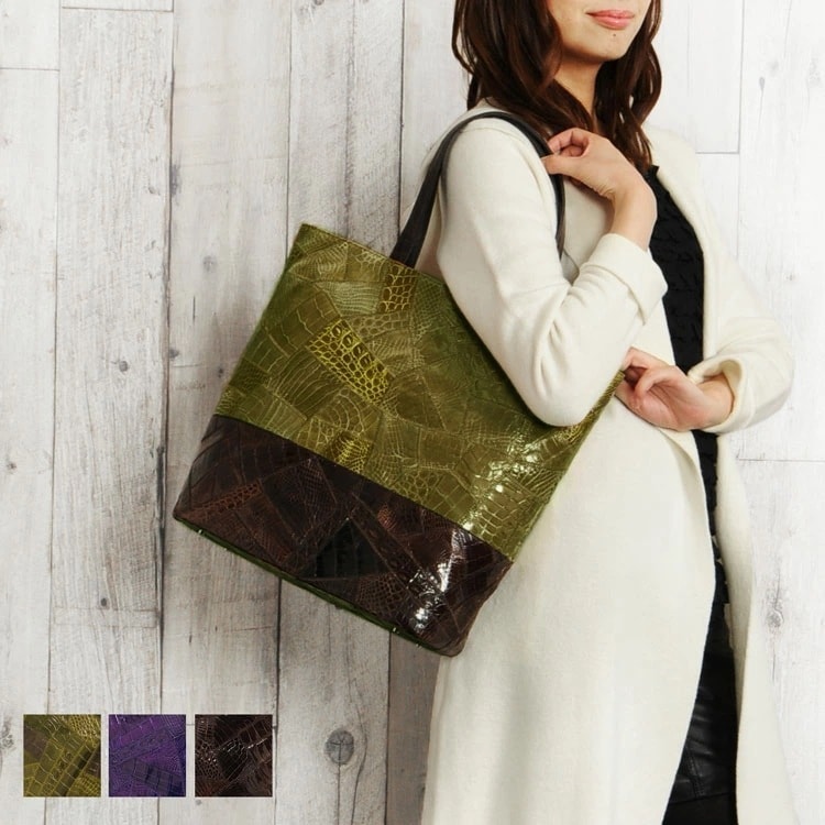 クロコダイルレザートートバッグシャイニング加工カットワーク