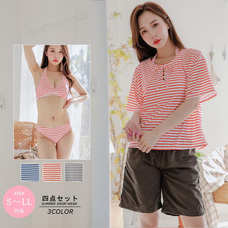 水着 ラッシュガード 4点セット 体型カバー セパレート ビキニ ママ水着 レディース 水着 高校生 ストライプ 上下セット 露出控えめ パット付き ショートパンツ 7,327円
