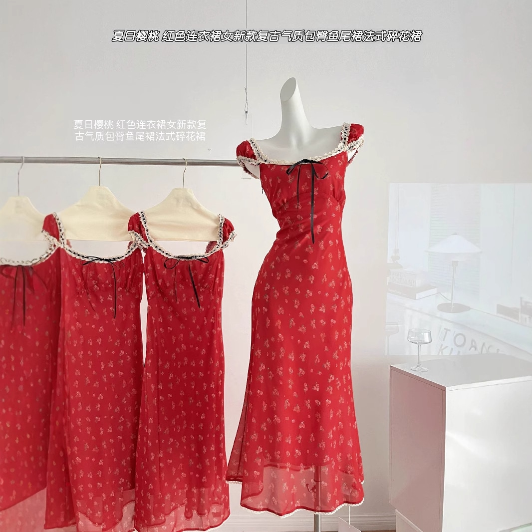 【急速出荷】日さくらんぼの赤いワンピース女性レトロな雰囲気に包まれたヒップスカートフレンチ花柄スカート