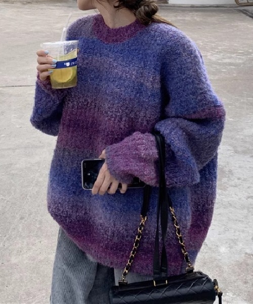 トップス ニット セーター プルオーバー カジュアル 丈長 長袖 ボリューム袖 ラウンドネック ワイド もこもこ ふわふわ ニット 大人可愛い カジュアル エスニック ラフ ボーダー 冬 お出かけ