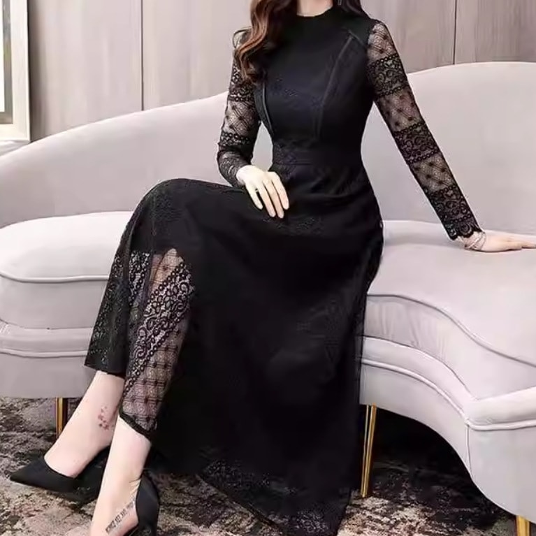 ドレス ワンピース ウェディング パーティー 結婚式 二次会 披露宴 演奏会 発表会 ミモレ 長袖 スタンドカラー スレンダー スリム フレア 細身 Aライン レース 透け感 シースルー 可愛い