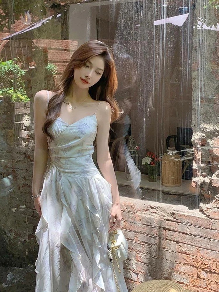 フランス風の純粋な欲望の水墨画プリントサスペンダードレス女性用ウエストを締める気質デザイン優しいスタイル夏用ロングスカート