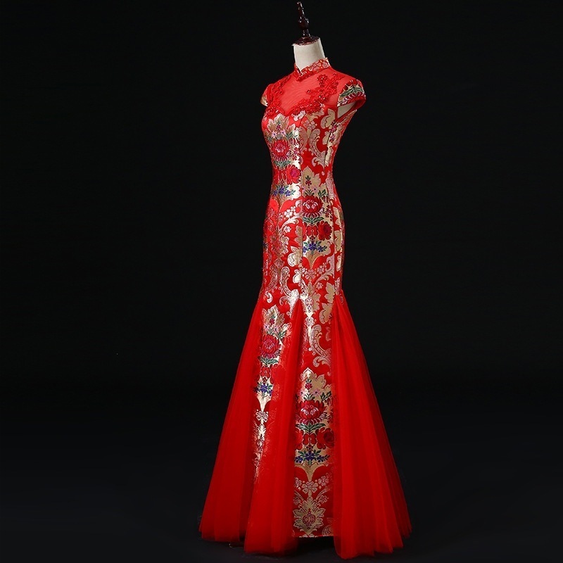 ワンピースドレスドレステイルスリムバンケットドレスレッドパフォーマンス服チョンサムショーホストドレスパフォーマンス