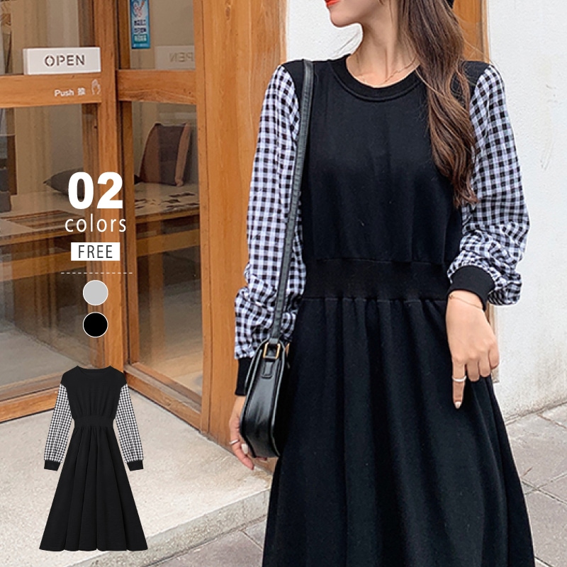 【9/25！クーポンで3,120円】 ドッキングワンピース ギンガムチェック 長袖 ロング丈 チェック柄 ワンピース レディース 可愛い 上品 きれいめ オフィス カジュアル 春 秋 通勤 通学 韓国