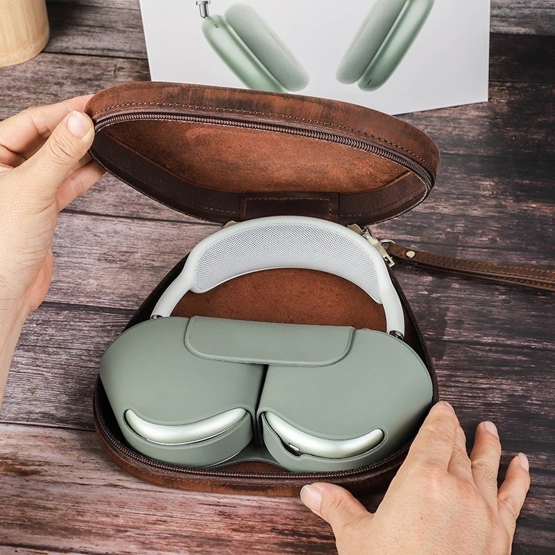 Apple Airpods Max に適した第 1 層牛革保護カバーレトロなクレイジーホースレザーヘッドマウントジッパーヘッドフォンケース 7,983円