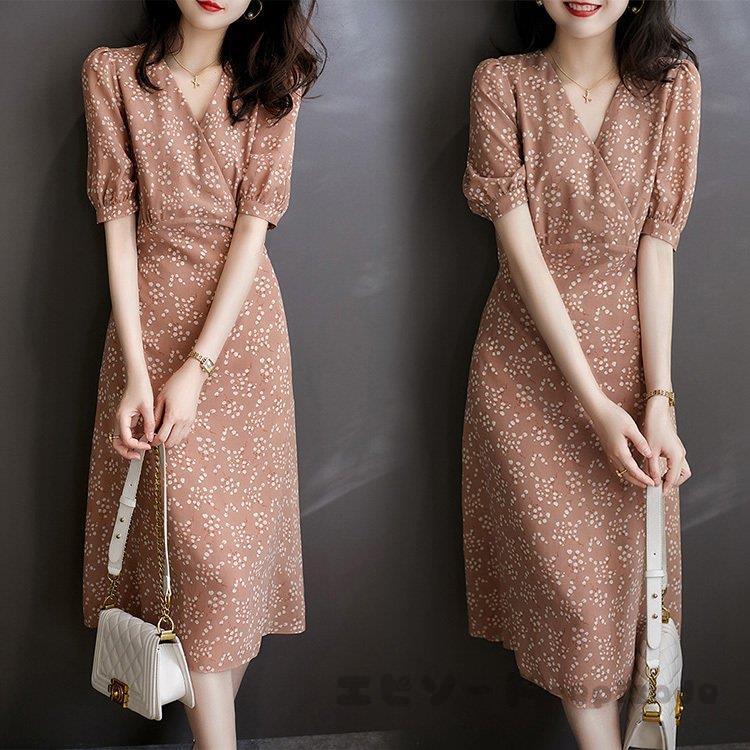 ワンピース レディース 40代 マキシワンピース 春夏新作 半袖ワンピース 花柄vネック aラインスカートオシャレ韓国風 大人 通勤ゆったり 30代