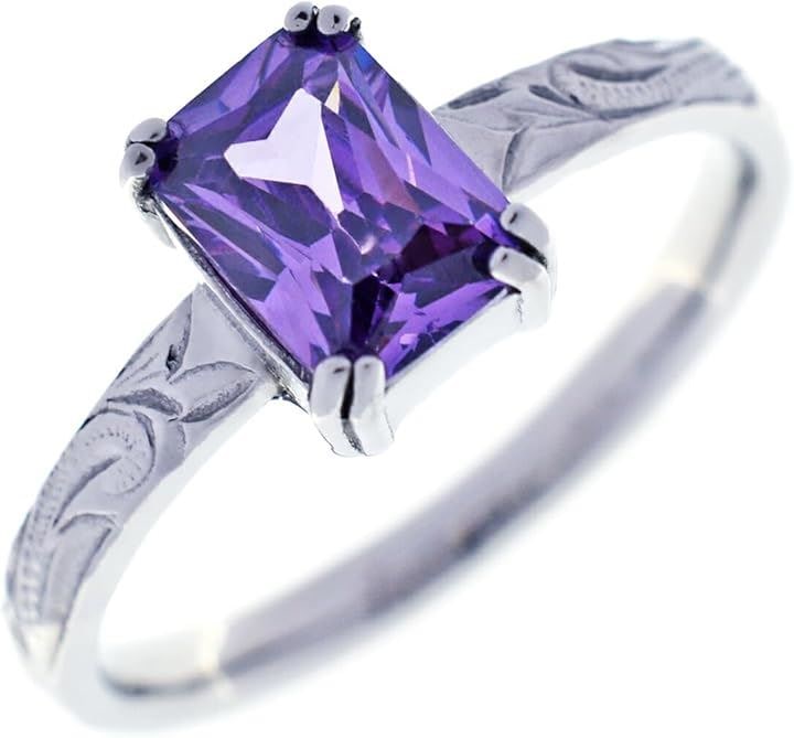 Piena ピエナ サージカルステンレス キュービックジルコニア ハワイアンジュエリー スクエアストーン スクロール プルメリア リング レディース(シルバー/アメジスト, 9号)