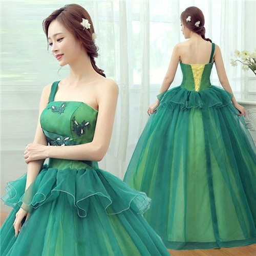 グリーン　カラードレス　二次会ドレス　パーティードレス　ウェディングドレス　演出舞台　発表会　演奏会用ドレス ロングドレス プリンセスライン　司会　ステージ衣装・二次会・花嫁衣裳にも