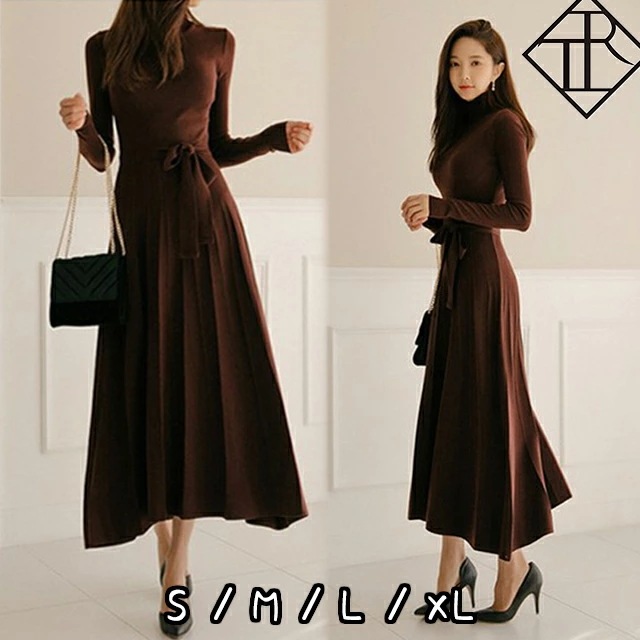 【即納】ワンピース レディース ニットワンピース 秋冬 ロングワンピース 長袖 秋 ニット ワンピース 大きいサイズ ワンピース ひざ丈 大人可愛い プリーツ かわいい 普段使い ベルト付き リボン