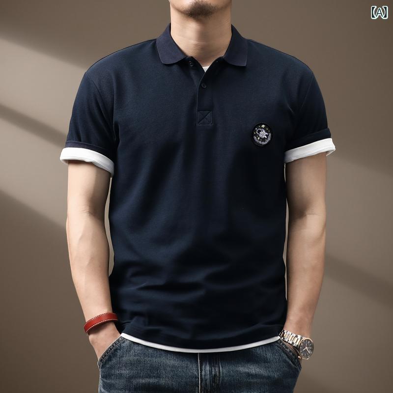 ポロシャツ アメリカン レトロ ヘビーウェイト 半袖 メンズ 夏 カジュアル 男性用 Tシャツ ストリート 都会的 綿 ドロップスリーブ レジャー