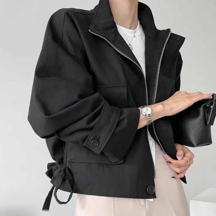 ショートジャケット プルオーバー ショート丈 ドロスト ショートトレンチ バックコンシャス 黒 ブラック 白 ホワイト ベージュ 韓国 オルチャン レディース スタンドカラー ギャザー