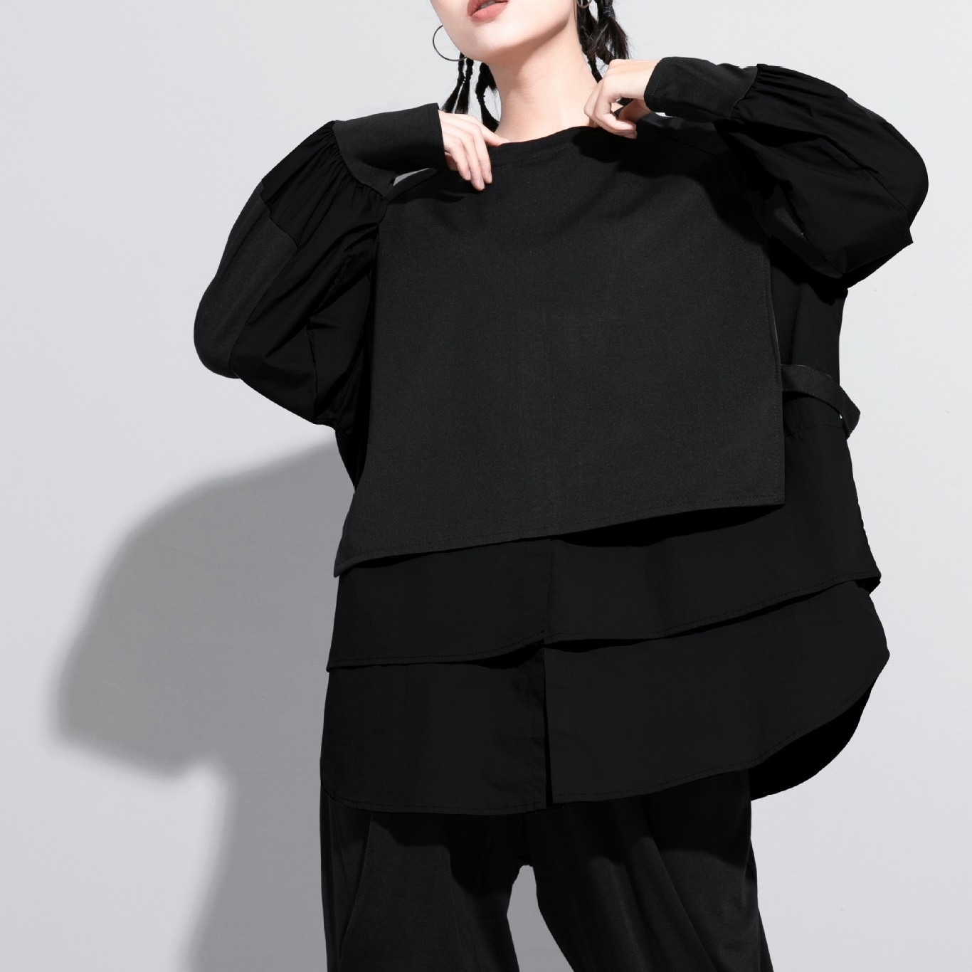 ツーピース風 オーバーサイズ ブラウス レディース トップス 丈長 長袖 ラウンドネック オーバーサイズ ポケット 切り替えデザイン 綿 きれいめ おしゃれ かっこいい こなれ感 個性的 クール