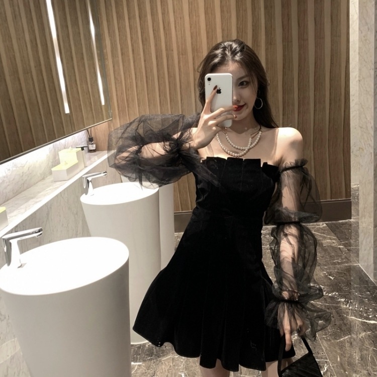 ドレス パーティードレス ミモレ丈 パフスリーブ オフショルダー Aライン フレア シフォン ハイウエスト 透け感 シースルー ベルベット かわいい 大人可愛い きれいめ シンプル カジュアル 大人