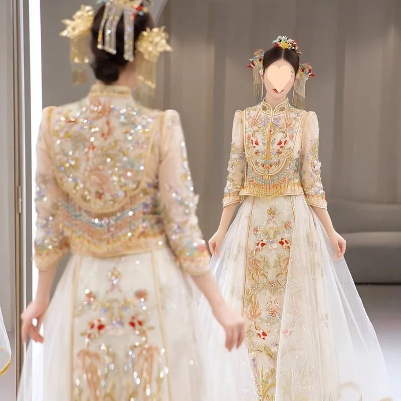シャンパンカラー花嫁のウェディングドレス夏の薄いウェディングゴールデン服ショーと家具
