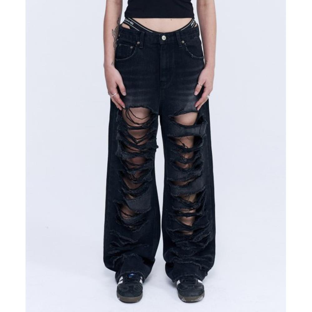 ROCKCAKE Pia Damage Wide Jeans Black RC23PT01400