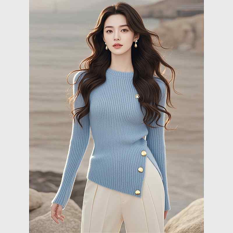 秋服 レディース ファッション オシャレ カワイイ シンプル 大人カワイイ 大きいサイズ ブルー ニット セーター トップス スリムフィット インナー
