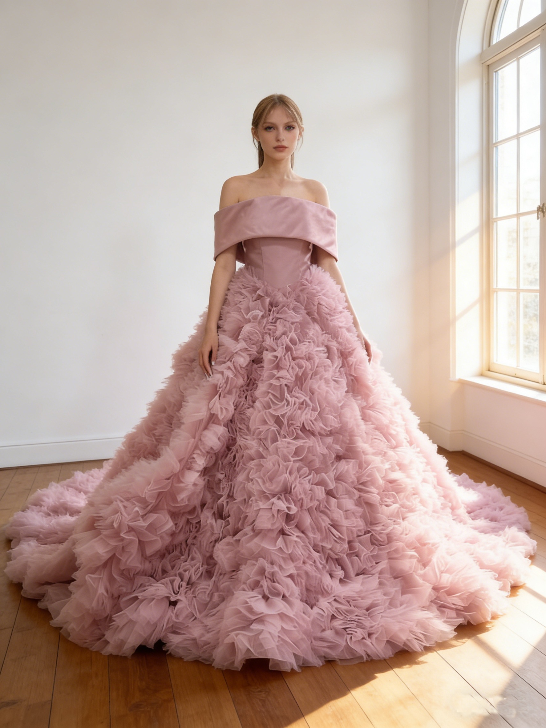 カラードレス ピンク オフショルダー ボリュームドレス 編み上げ 華やかなトレーン 結婚式 前撮り