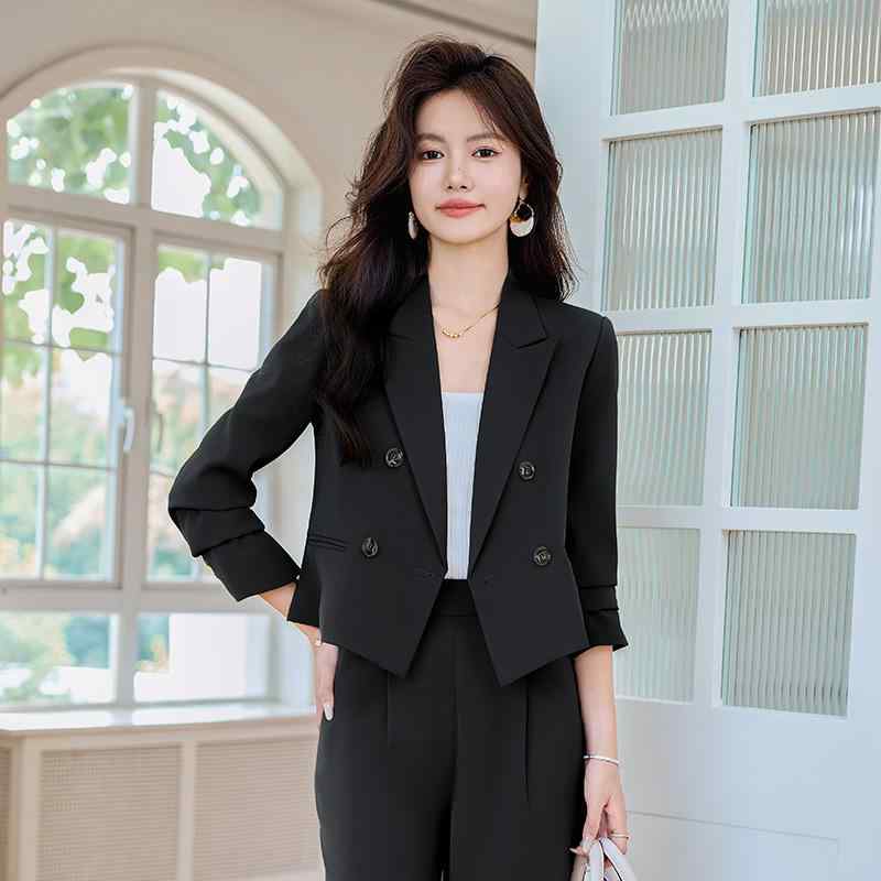 レディース パンツスーツ ２点セット ジャケット ショート丈 短め ダブルブレスト 黒 オフホワイト 青緑 前後ボタン装飾 ストレートパンツ スリムシルエット フォーマル 気品 スタイリッシュ