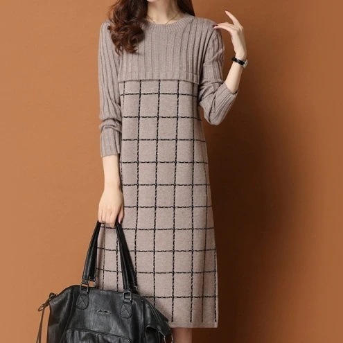 【人気上昇中】 カジュアル チェック柄 プルオーバー 切り替え 膝丈 ニットワンピース レディース