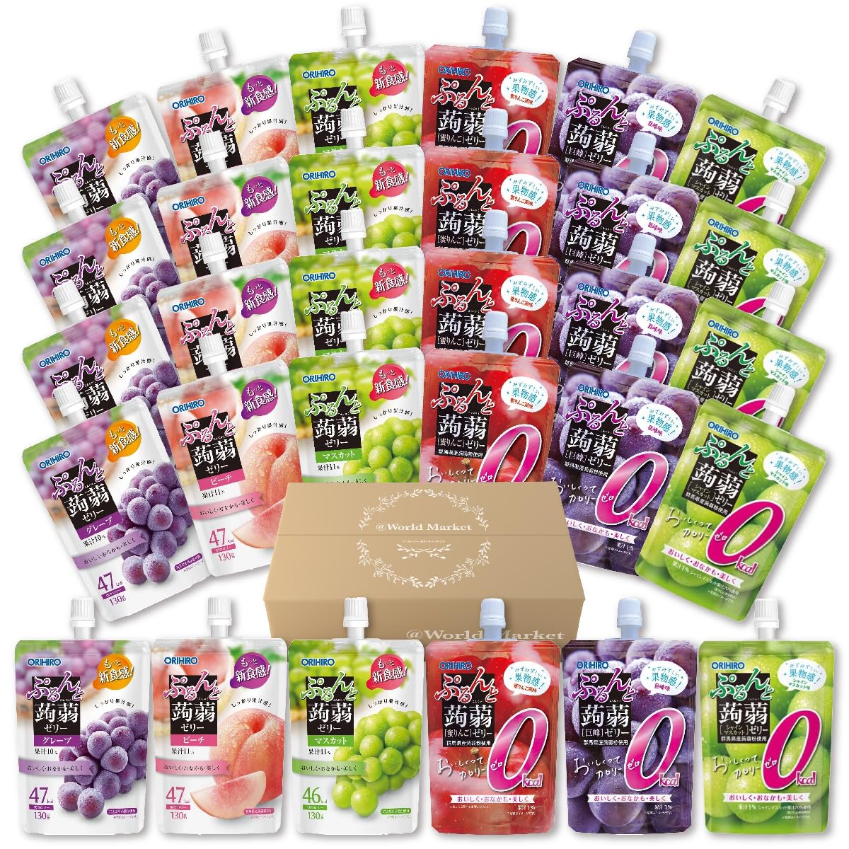 オリヒロ ぷるんと 蒟蒻ゼリー スタンドパウチ 6種 × 各種5個 計30個セット 低カロリー ＆ ゼロカロリー まとめ買い セット (グレープ ・ マスカット ・ ピーチ ・ 巨峰 ・ 蜜りんご ・