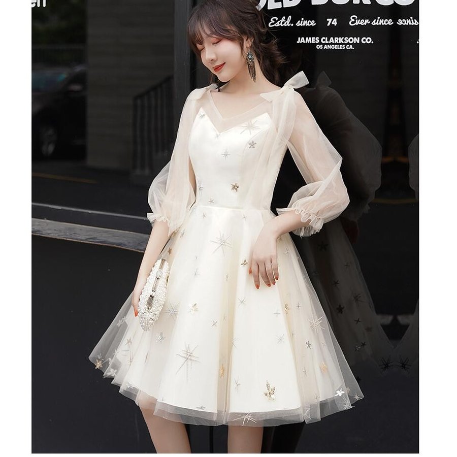 袖あり ミモレドレス ナイトドレス ウエディングドレス パーティードレス 結婚式 二次会 衣装 舞台