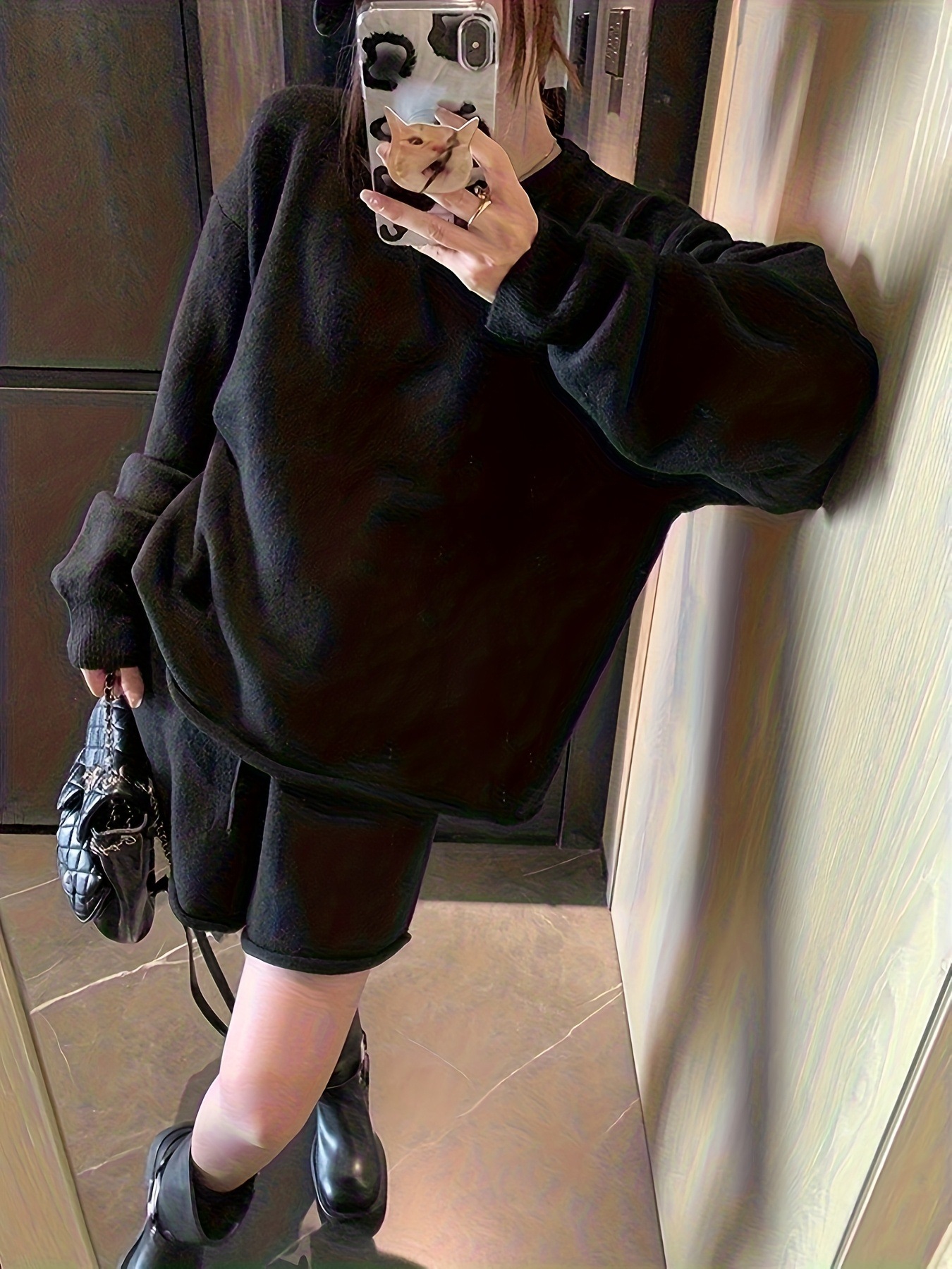 カーリーセットショーツ ツーピース 無地 ハイウエスト ラジースタイル ラウンドネックセーター