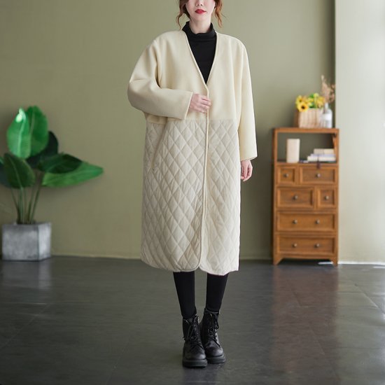 【取寄：納期2週間】キルティングコート コート ノーカラー レディース ミディアム丈 切り替え ウールコート 秋 冬 バイカラー おしゃれ シンプル 無地 きれいめ 上品 羽織 大人かわいい 通勤