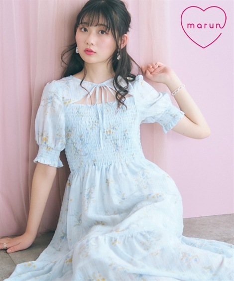 ロング・マキシ丈/半袖 大きいサイズ ボレロ風フラワープリントワンピース marun