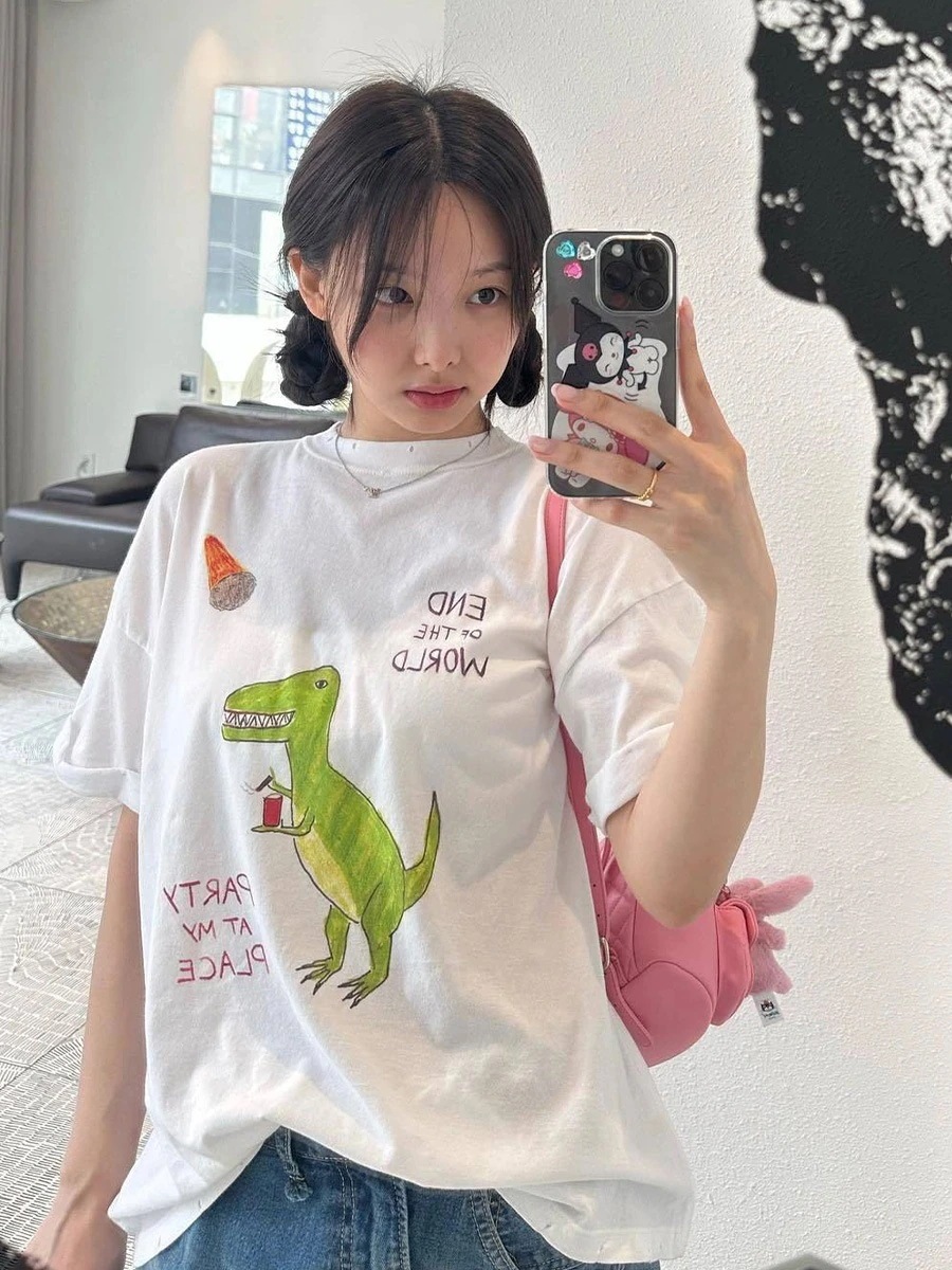 リンナヨン白半袖tシャツレディース 恐竜プリントバージョンルーズトップスボトムスシャツ