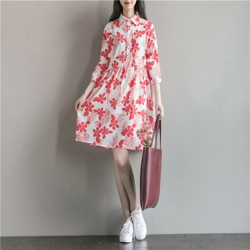 1274 .花柄コットンプリントワンピース（レッド）